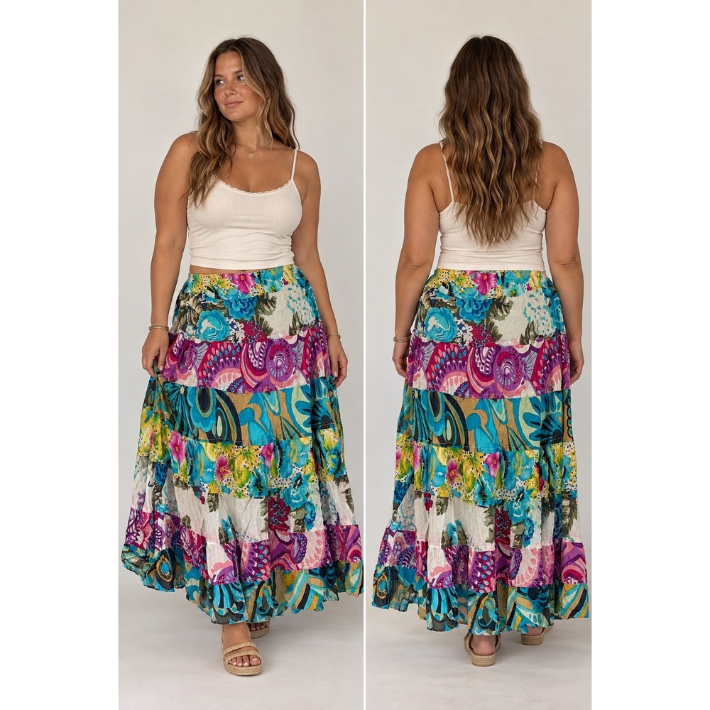 Boho Cottage Large Floral Paisley Tiered Maxi Skirt Cotton Multi-Color Flowy